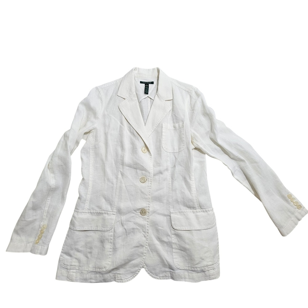 Lauren Ralph Lauren Blazer Women 14 White 100% Linen 3-Button Jacket